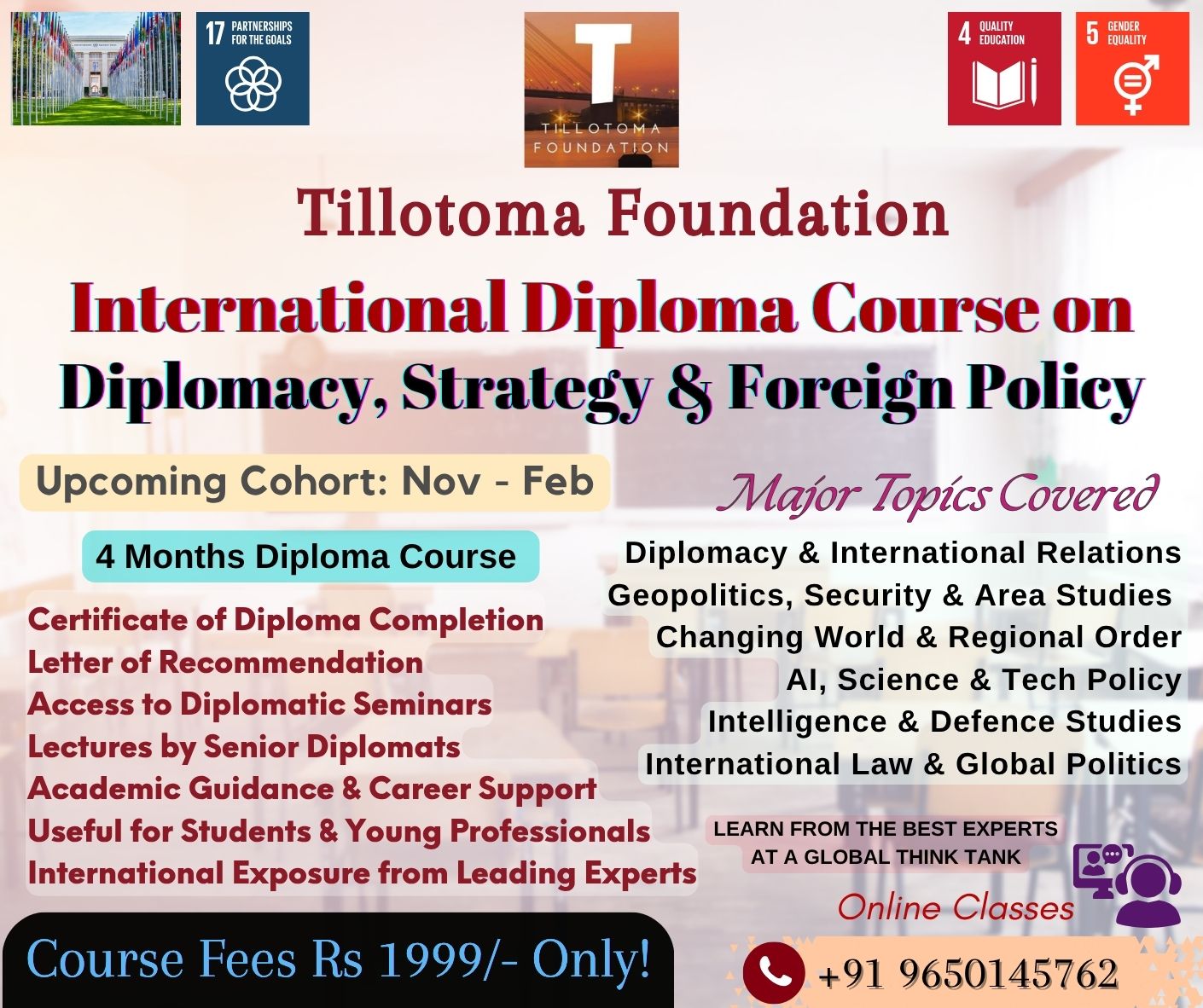 Tillotoma Foundation programme artwork outlining major topics and learner benefits regarding the international diploma course on diplomacy